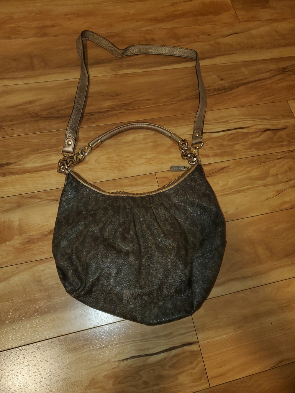 Michael Kors Dark Brown MK Logo Shoulder Bag with Gold Hardware
